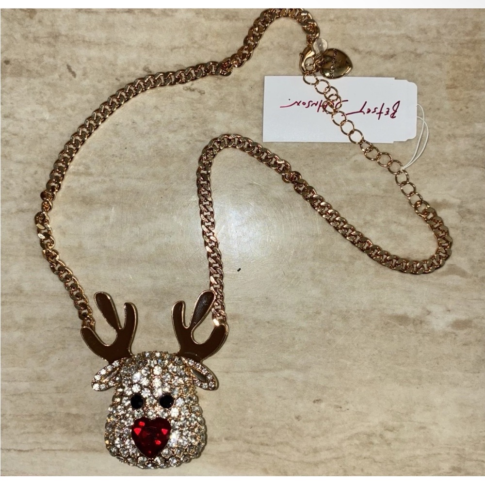 NWT Betsey Johnson Red Nose Reindeer Pendant Gold Tone Chain Necklace Christmas‎